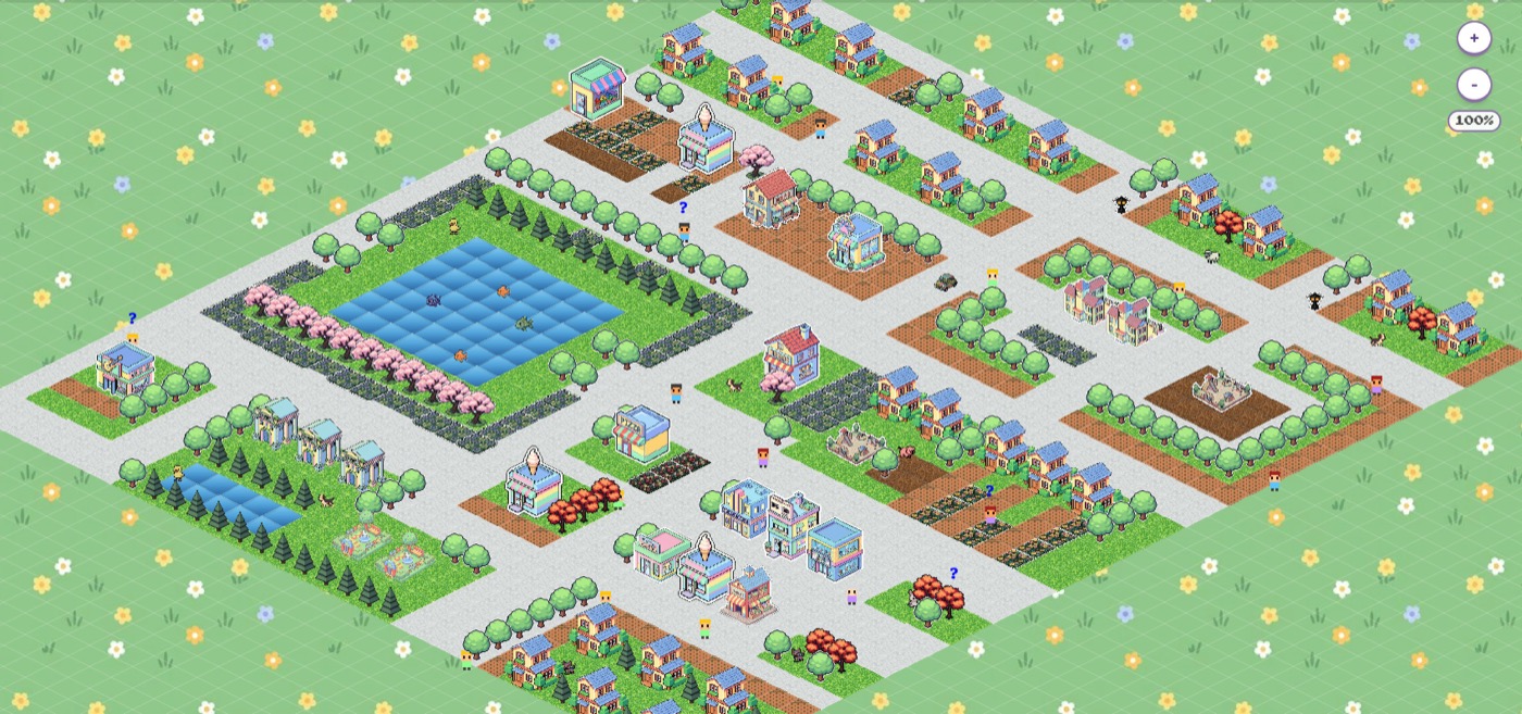 Gameplay screenshot showing English learning and town growth